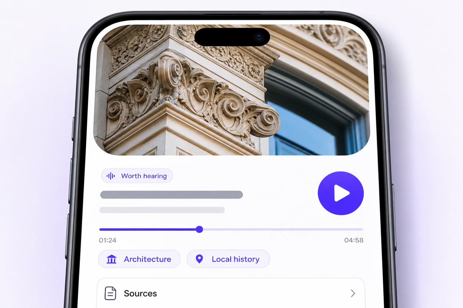A close PinSpark story screen with architecture imagery, playback controls, topic labels, and a reference articles section.